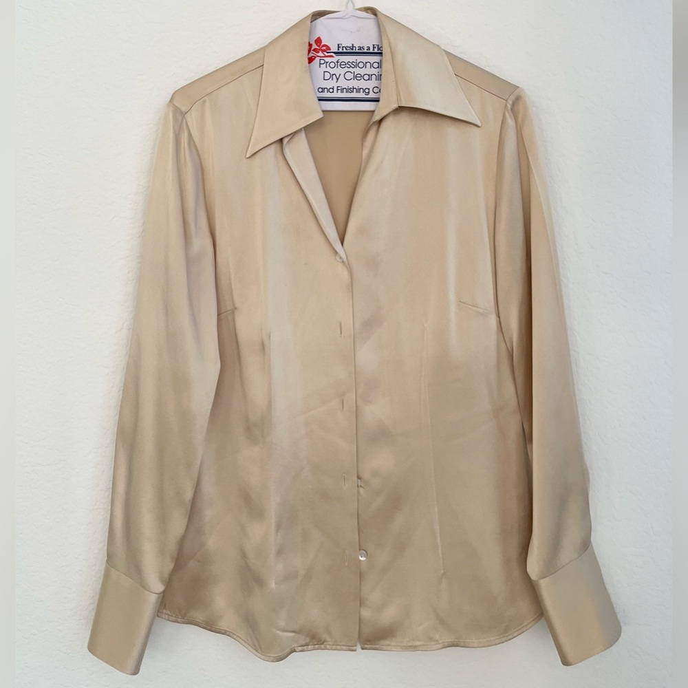 Tesori Beige Satin Button-Front Blouse